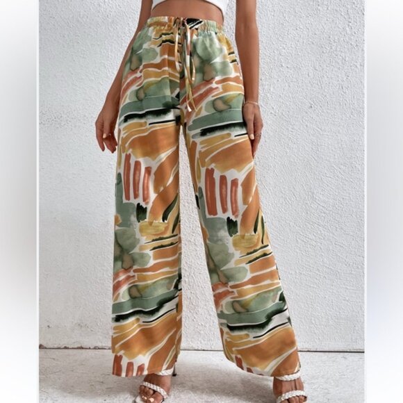 SHEIN Wide Leg Graphic Print Flowy Pants Multi-Colour - Picture 1 of 4